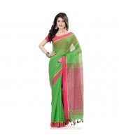 dB DESH BIDESH Women`s Tant Silk Handloom Cotton Saree Sequence Work With Blouse Piece Green Pink