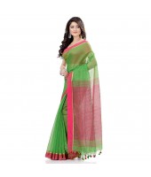 dB DESH BIDESH Women`s Tant Silk Handloom Cotton Saree Sequence Work With Blouse Piece Green Pink