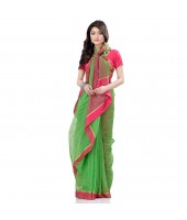 dB DESH BIDESH Women`s Tant Silk Handloom Cotton Saree Sequence Work With Blouse Piece Green Pink