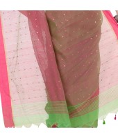 dB DESH BIDESH Women`s Tant Silk Handloom Cotton Saree Sequence Work With Blouse Piece Green Pink