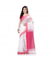 dB DESH BIDESH Women`s Tant Silk Handloom Cotton Saree Sequence Work With Blouse Piece White Pink