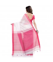 dB DESH BIDESH Women`s Tant Silk Handloom Cotton Saree Sequence Work With Blouse Piece White Pink