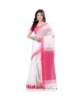 dB DESH BIDESH Women`s Tant Silk Handloom Cotton Saree Sequence Work With Blouse Piece White Pink