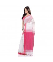 dB DESH BIDESH Women`s Tant Silk Handloom Cotton Saree Sequence Work With Blouse Piece White Pink