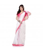 dB DESH BIDESH Women`s Tant Silk Handloom Cotton Saree Sequence Work With Blouse Piece White Pink