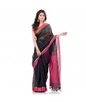 dB DESH BIDESH Women`s Tant Silk Handloom Cotton Saree Sequence Work With Blouse Piece (Black Pink)