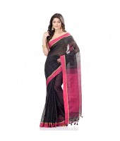 dB DESH BIDESH Women`s Tant Silk Handloom Cotton Saree Sequence Work With Blouse Piece (Black Pink)