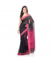 dB DESH BIDESH Women`s Tant Silk Handloom Cotton Saree Sequence Work With Blouse Piece (Black Pink)