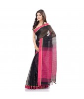 dB DESH BIDESH Women`s Tant Silk Handloom Cotton Saree Sequence Work With Blouse Piece (Black Pink)