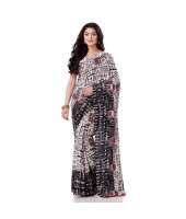  Women`s Traditional Bengal Soft Kalamkari Printed Handloom Cotton Saree Border Tassels Without Blouse Piece White Black