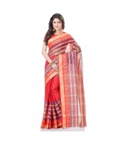 dB DESH BIDESH Women`s Traditional Bengal Tant 3D Temple Design Handloom Pure Cotton Saree Without Blouse Piece Orange Red Blue