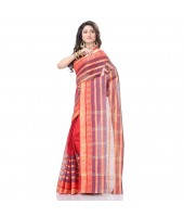 dB DESH BIDESH Women`s Traditional Bengal Tant 3D Temple Design Handloom Pure Cotton Saree Without Blouse Piece Orange Red Blue