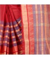 dB DESH BIDESH Women`s Traditional Bengal Tant 3D Temple Design Handloom Pure Cotton Saree Without Blouse Piece Orange Red Blue