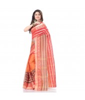 dB DESH BIDESH Women`s Traditional Bengal Tant 3D Temple Design Handloom Pure Cotton Saree Without Blouse Piece Orange Red