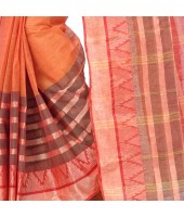 dB DESH BIDESH Women`s Traditional Bengal Tant 3D Temple Design Handloom Pure Cotton Saree Without Blouse Piece Orange Red