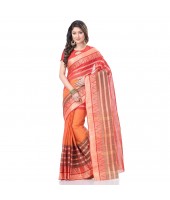 dB DESH BIDESH Women`s Traditional Bengal Tant 3D Temple Design Handloom Pure Cotton Saree Without Blouse Piece Orange Red