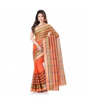 DESH BIDESH Women`s Traditional Bengal Tant 3D Temple Design Handloom Pure Cotton Saree Without Blouse Piece Yellow orange Green