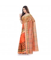 DESH BIDESH Women`s Traditional Bengal Tant 3D Temple Design Handloom Pure Cotton Saree Without Blouse Piece Yellow orange Green