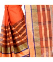 DESH BIDESH Women`s Traditional Bengal Tant 3D Temple Design Handloom Pure Cotton Saree Without Blouse Piece Yellow orange Green