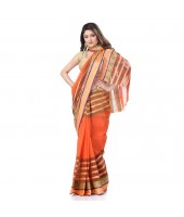 DESH BIDESH Women`s Traditional Bengal Tant 3D Temple Design Handloom Pure Cotton Saree Without Blouse Piece Yellow orange Green