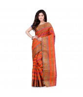 dB DESH BIDESH Women`s Traditional Bengal Tant Pure Handloom Cotton Saree Blossom Design Without Blouse Piece Orange