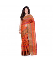 dB DESH BIDESH Women`s Traditional Bengal Tant Pure Handloom Cotton Saree Blossom Design Without Blouse Piece Orange