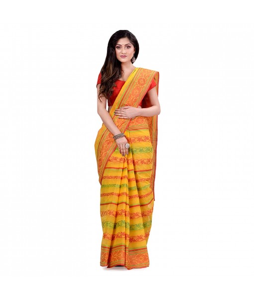 dB DESH BIDESH Women`s Traditional Bengal Tant Pure Handloom Cotton Saree Blossom Design Without Blouse Piece Yellow