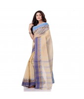 dB DESH BIDESH Women`s Traditional Bengal Tant Pure Handloom Cotton Saree Jol Torongo Woven Design Without Blouse Piece Offwhite Blue