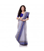 Bengal Soft Cotton Women`s Traditional Bengal Tant Pure Handloom Cotton Saree Jol Torongo Woven Design Without Blouse Piece Off White Blue