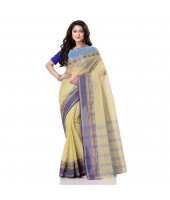 Bengal Soft Cotton Women`s Traditional Bengal Tant Pure Handloom Cotton Saree Jol Torongo Woven Design Without Blouse Piece Yellow