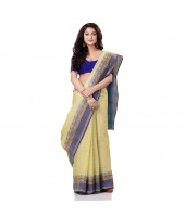 Bengal Soft Cotton Women`s Traditional Bengal Tant Pure Handloom Cotton Saree Jol Torongo Woven Design Without Blouse Piece Yellow