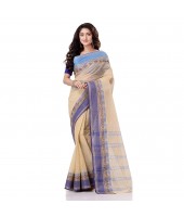 dB DESH BIDESH Women`s Traditional Bengal Tant Pure Handloom Cotton Saree Jol Torongo Woven Design Without Blouse Piece Offwhite Blue