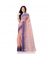 Bengal Soft Cotton Women`s Traditional Bengal Tant Pure Handloom Cotton Saree Jol Torongo Woven Design Without Blouse Piece Flamingo Blue