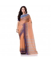 Bengal Soft Cotton Women`s Traditional Bengal Tant Pure Handloom Cotton Saree Jol Torongo Woven Design Without Blouse Piece Orange Blue