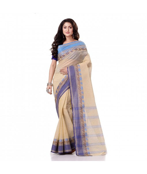 dB DESH BIDESH Women`s Traditional Bengal Tant Pure Handloom Cotton Saree Jol Torongo Woven Design Without Blouse Piece Offwhite Blue