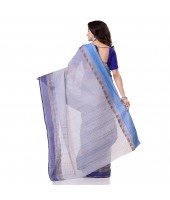 Bengal Soft Cotton Women`s Traditional Bengal Tant Pure Handloom Cotton Saree Jol Torongo Woven Design Without Blouse Piece Off White Blue