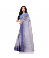 Bengal Soft Cotton Women`s Traditional Bengal Tant Pure Handloom Cotton Saree Jol Torongo Woven Design Without Blouse Piece Off White Blue