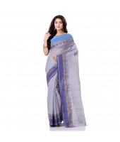 Bengal Soft Cotton Women`s Traditional Bengal Tant Pure Handloom Cotton Saree Jol Torongo Woven Design Without Blouse Piece Off White Blue