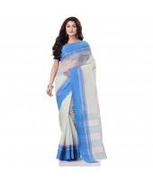 dB DESH BIDESH Women`s Traditional Bengal Tant Pure Handloom Cotton Saree Kantha Stitch Woven Without Blouse Piece White Blue