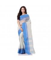 dB DESH BIDESH Women`s Traditional Bengal Tant Pure Handloom Cotton Saree Kantha Stitch Woven Without Blouse Piece White Blue