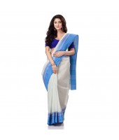 dB DESH BIDESH Women`s Traditional Bengal Tant Pure Handloom Cotton Saree Kantha Stitch Woven Without Blouse Piece White Blue