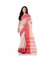 dB DESH BIDESH Women`s Traditional Bengal Tant Pure Handloom Cotton Saree Kantha Stitch Woven Without Blouse Piece White Red