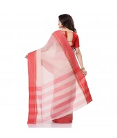 dB DESH BIDESH Women`s Traditional Bengal Tant Pure Handloom Cotton Saree Kantha Stitch Woven Without Blouse Piece White Red