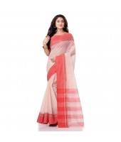 dB DESH BIDESH Women`s Traditional Bengal Tant Pure Handloom Cotton Saree Kantha Stitch Woven Without Blouse Piece White Red