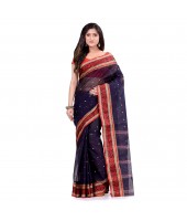 dB DESH BIDESH Women`s Traditional Bengal Tant Pure Handloom Cotton Saree Patabahar Design Without Blouse Piece navy Blue Red