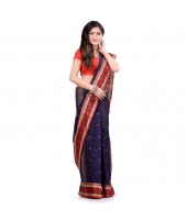 dB DESH BIDESH Women`s Traditional Bengal Tant Pure Handloom Cotton Saree Patabahar Design Without Blouse Piece navy Blue Red