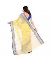 dB DESH BIDESH Women`s Traditional Bengal Tant Pure Handloom Cotton Saree Patabahar Design Without Blouse Piece Light Yellow