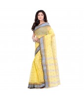 dB DESH BIDESH Women`s Traditional Bengal Tant Pure Handloom Cotton Saree Patabahar Design Without Blouse Piece Light Yellow