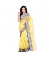 dB DESH BIDESH Women`s Traditional Bengal Tant Pure Handloom Cotton Saree Patabahar Design Without Blouse Piece Light Yellow