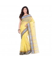 dB DESH BIDESH Women`s Traditional Bengal Tant Pure Handloom Cotton Saree Patabahar Design Without Blouse Piece Light Yellow